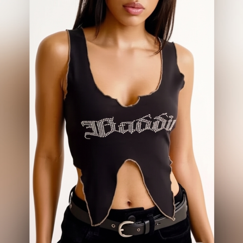 Pretty Damage Black "Baddie" Rhinestone Asymmetric Crop Top, M